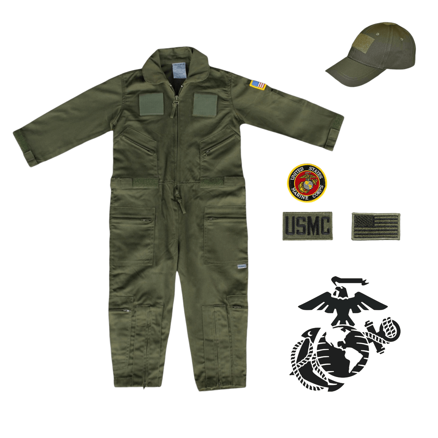 Youth USMC Marines flight suit combo with patches and cap, durable kids' military uniform.