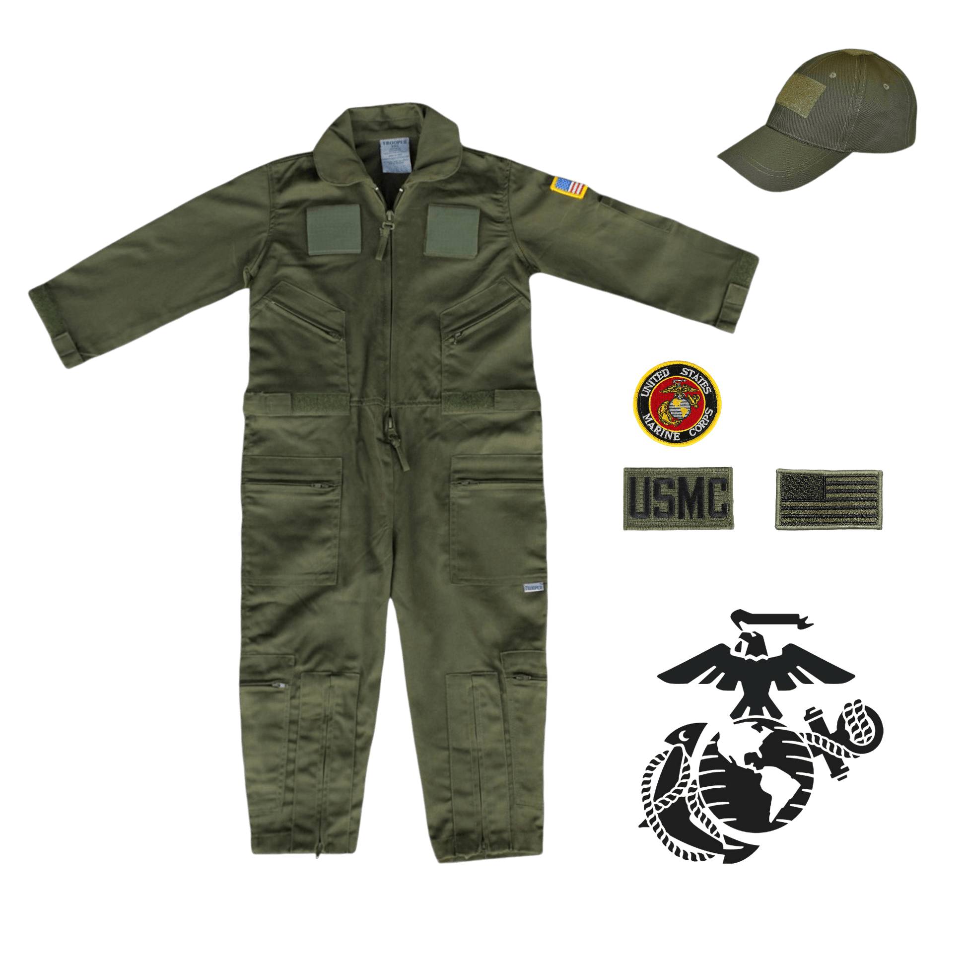 Youth USMC Marines flight suit combo with patches and cap, durable kids' military uniform.