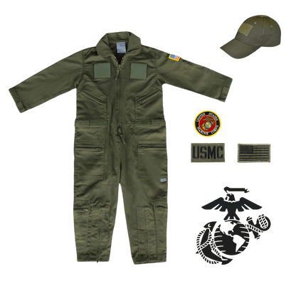 Youth USMC Marines flight suit combo with patches and cap, durable kids' military uniform.