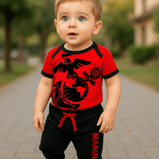 Baby boy in Marine EGA Jogger Set with oversized logo and comfy pants, showcasing love for the Marines.
