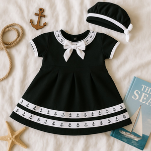 Navy Anchor Sailor Baby Dress w Beret Black