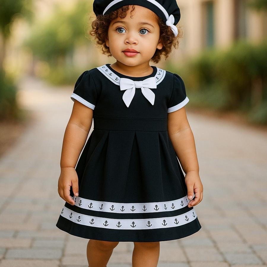 Navy Anchor Sailor Baby Dress w Beret Black