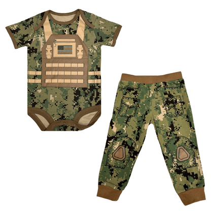 Navy NWU Type III baby combat uniform with flak jacket print and tactical pants with faux knee pads.