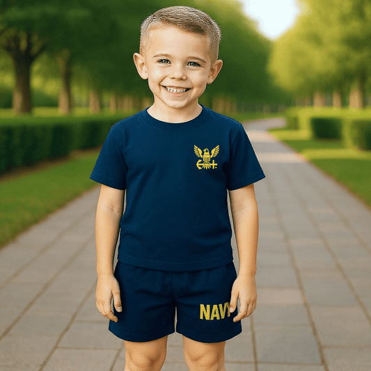Youth navy PT uniform for kids, featuring a moisture-wicking top and elastic-waisted shorts.
