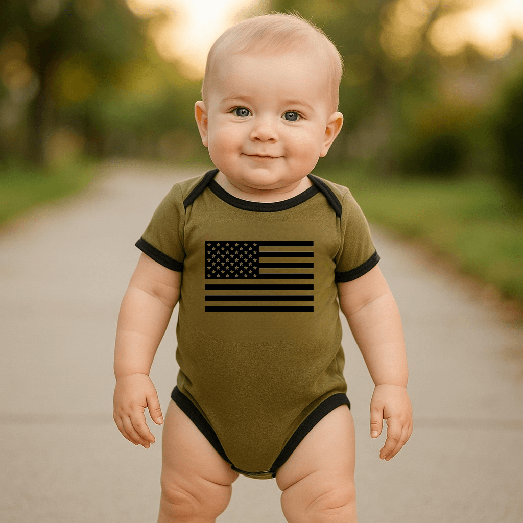 Baby wearing American Flag Bodysuit from Trooper Clothing, showcasing American pride and stylish comfort.