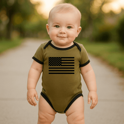 Baby wearing American Flag Bodysuit from Trooper Clothing, showcasing American pride and stylish comfort.