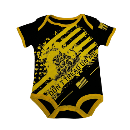 Don't Tread On Me Patriotic Baby Bodysuit in black with yellow graphic design and three-snap bottom for easy dressing.