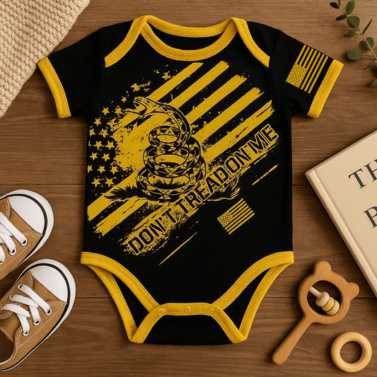 Don't Tread On Me Patriotic Baby Bodysuit in black and yellow with snake and flag design.