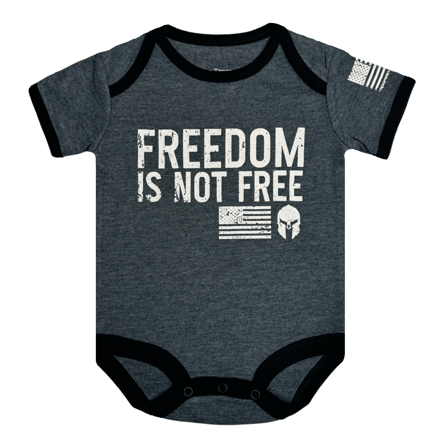 Graphite gray baby bodysuit with "Freedom Is Not Free" print and American flag sleeve design.