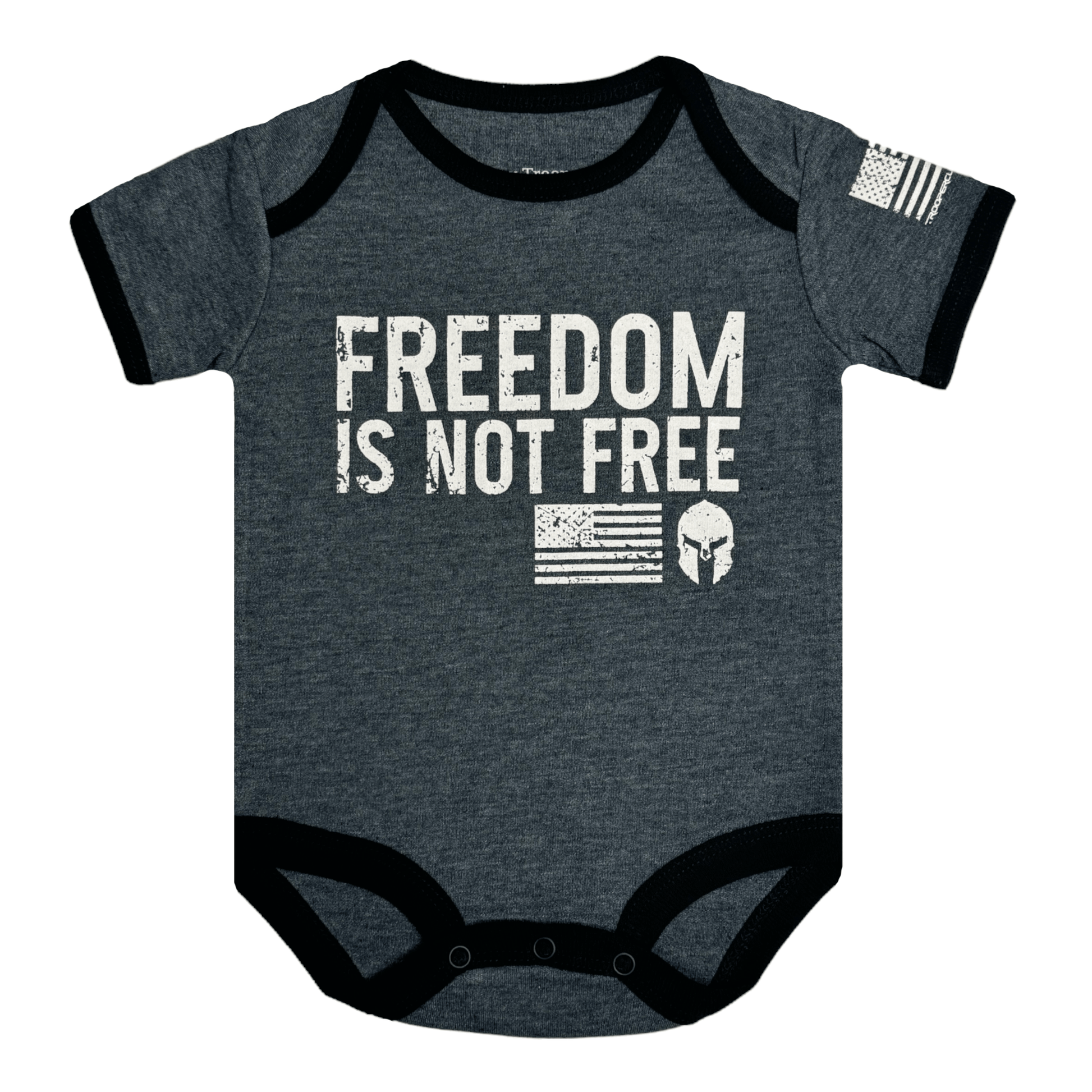 Graphite gray baby bodysuit with "Freedom Is Not Free" print and American flag sleeve design.