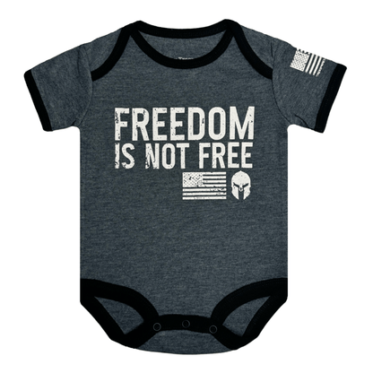 Graphite gray baby bodysuit with "Freedom Is Not Free" print and American flag sleeve design.