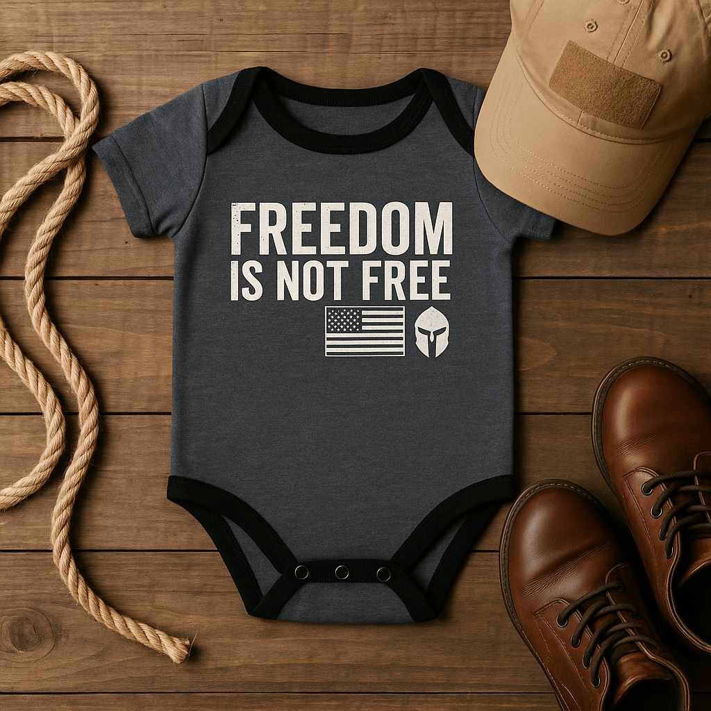 Graphite gray Baby bodysuit with 'Freedom Is Not Free' print and American flag on the sleeve, styled with boots and hat.