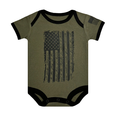 Old Glory patriotic baby bodysuit in OD Green with American flag and Pledge of Allegiance design.