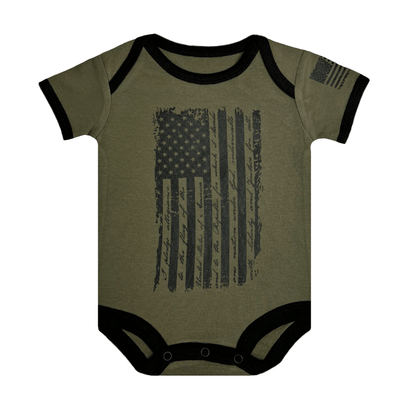 Old Glory patriotic baby bodysuit in OD Green with American flag and Pledge of Allegiance design.