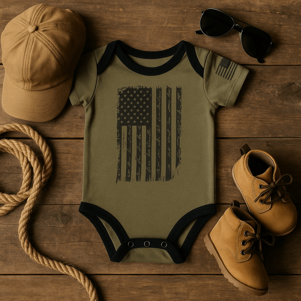 Patriotic Old Glory baby bodysuit with distressed American flag design on wood background, accessories styled.