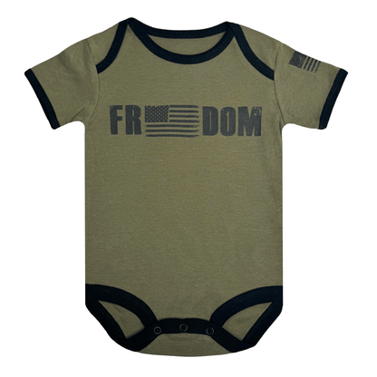 Baby Freedom Flag Bodysuit featuring American flag design on front and sleeve, made from soft brushed cotton.