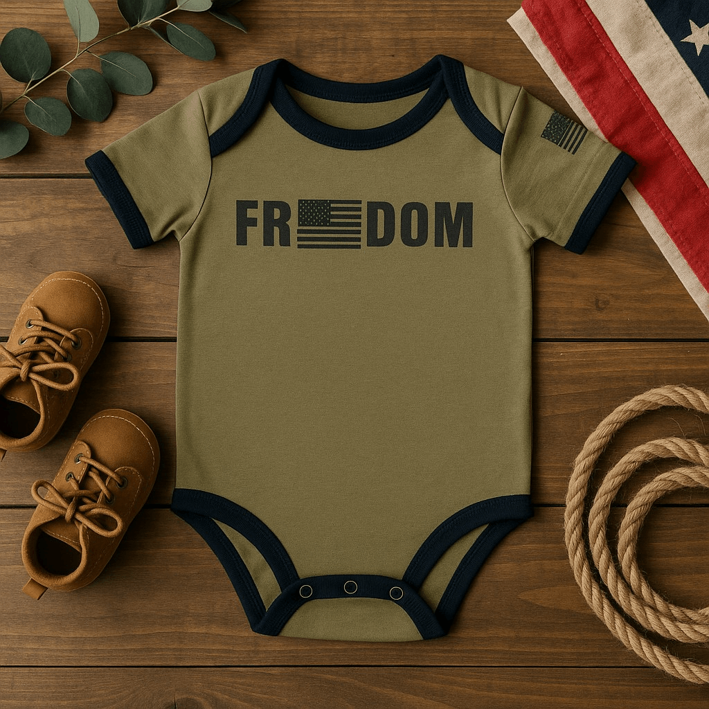 Baby Freedom Flag bodysuit featuring American flag design and snap bottom on wooden surface with accessories.
