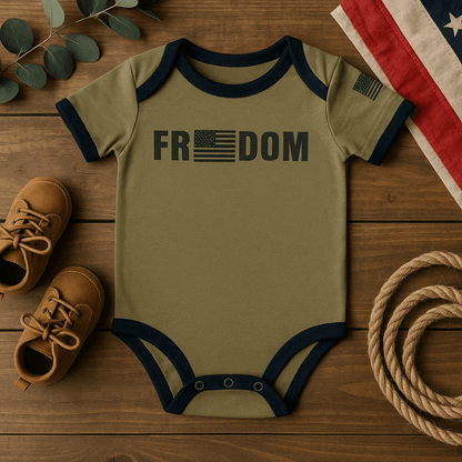 Baby Freedom Flag bodysuit featuring American flag design and snap bottom on wooden surface with accessories.