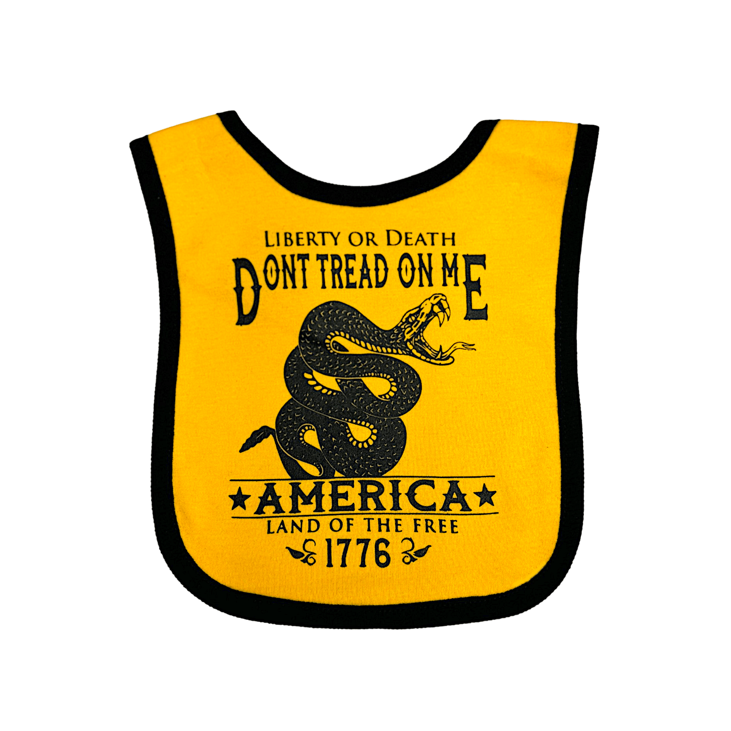 Dont Tread on Me baby bib featuring a bold snake graphic, cotton material, and hook-and-loop closure for easy wear.