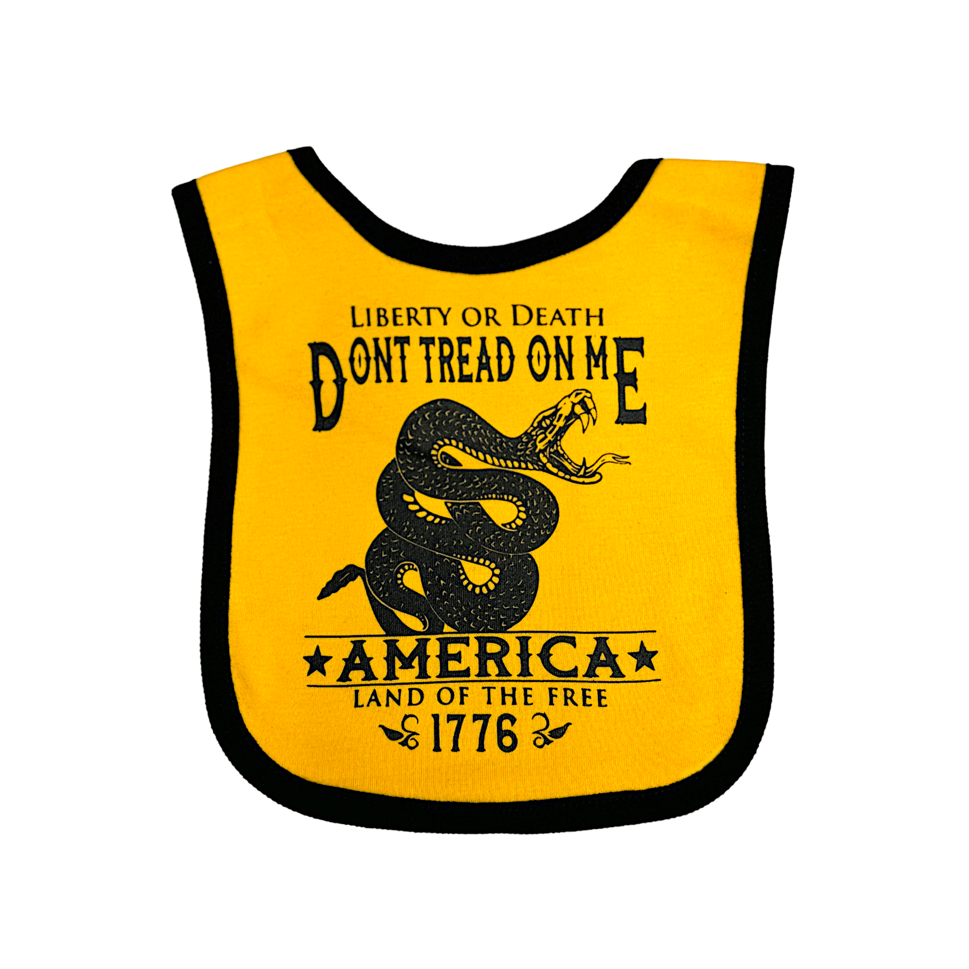 Dont Tread on Me baby bib featuring a bold snake graphic, cotton material, and hook-and-loop closure for easy wear.