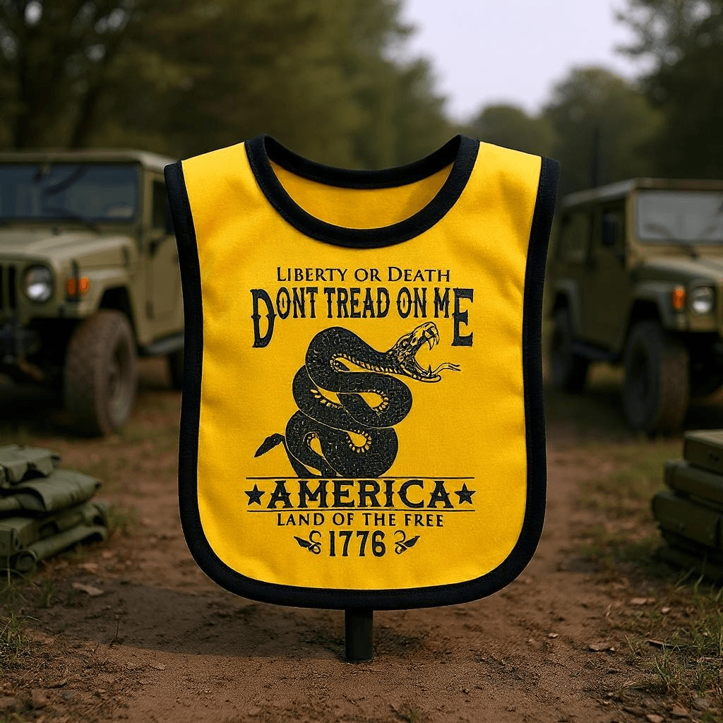Dont Tread on Me Baby Bib with snake graphic on yellow fabric, designed for infants, emphasizing patriotic themes.