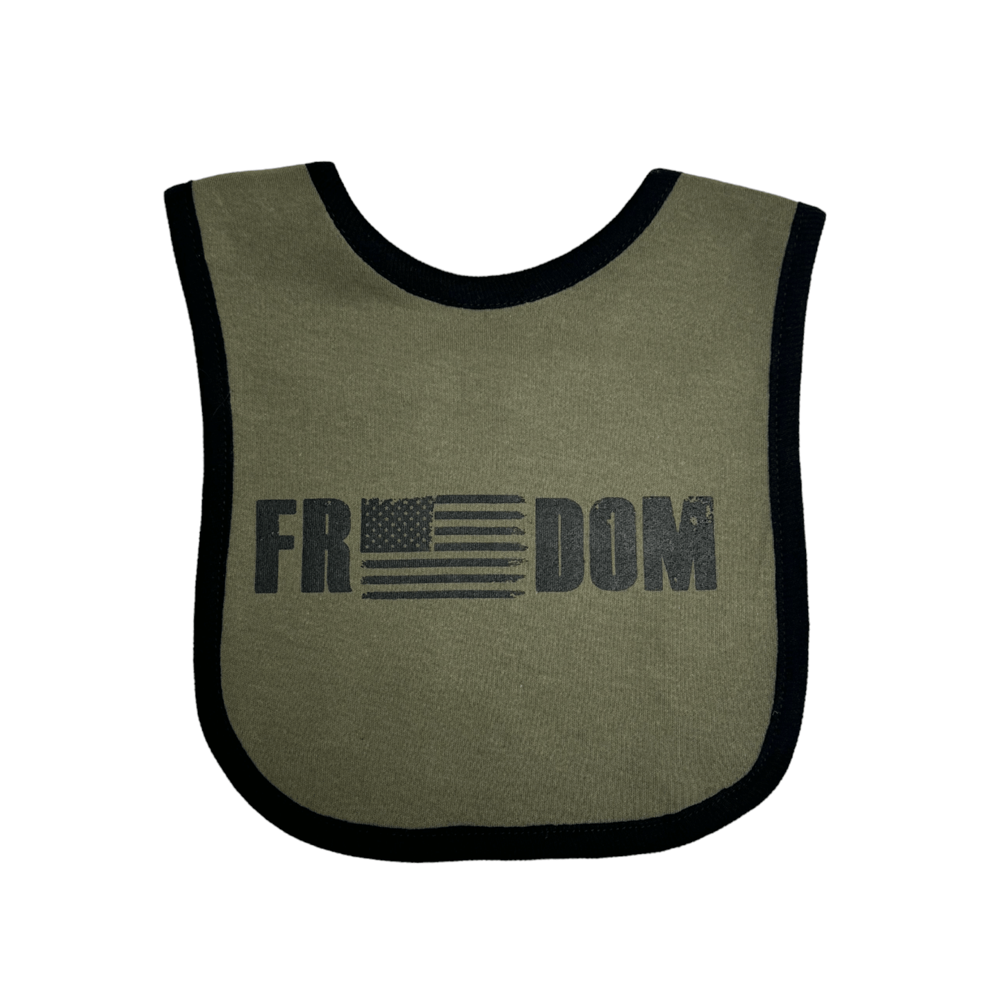 Freedom Flag Baby Bib in olive green with bold screen print graphic for kids, featuring the word 'FREEDOM' with an American flag.