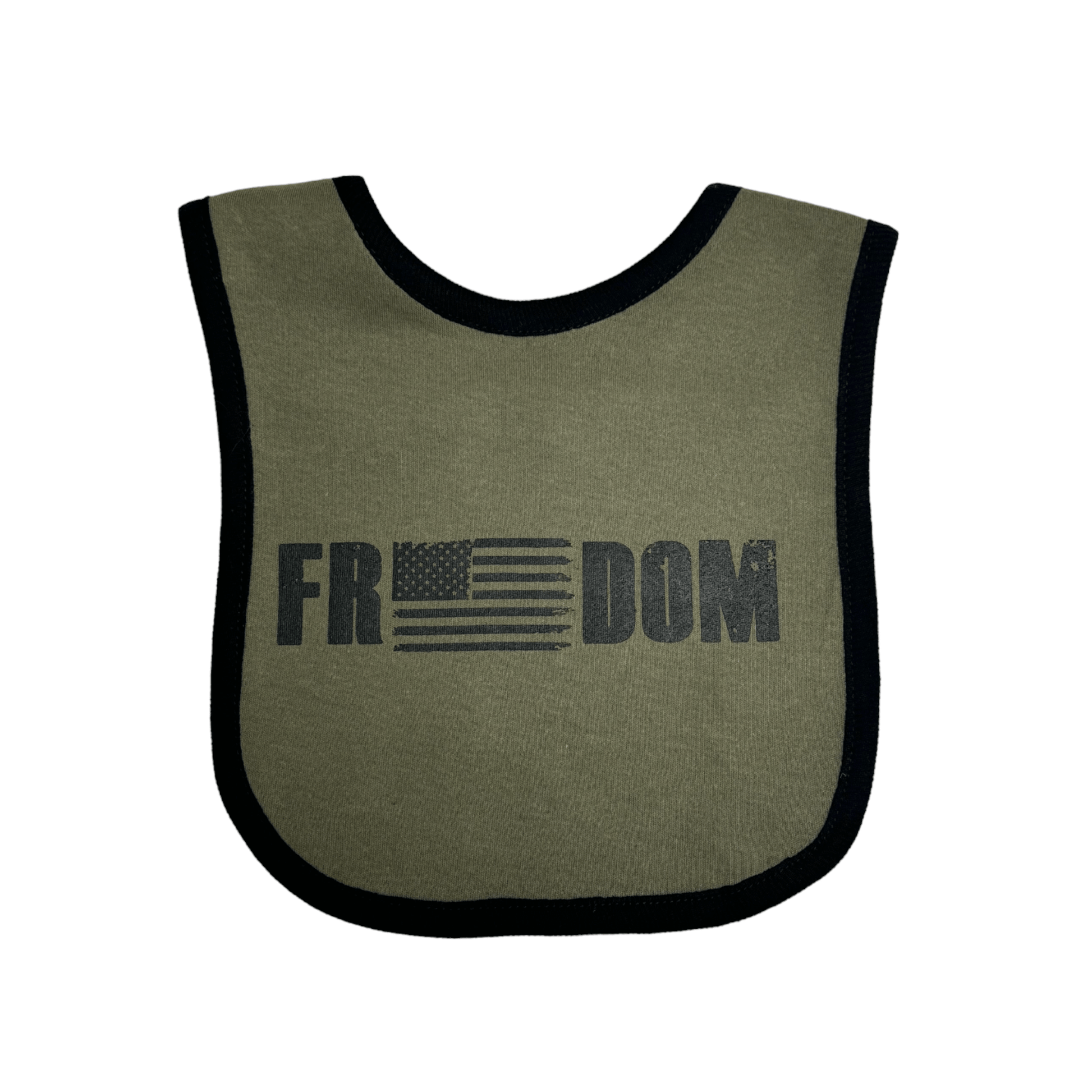 Freedom Flag Baby Bib in olive green with bold screen print graphic for kids, featuring the word 'FREEDOM' with an American flag.