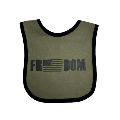 Freedom Flag Baby Bib in olive green with bold screen print graphic for kids, featuring the word 'FREEDOM' with an American flag.