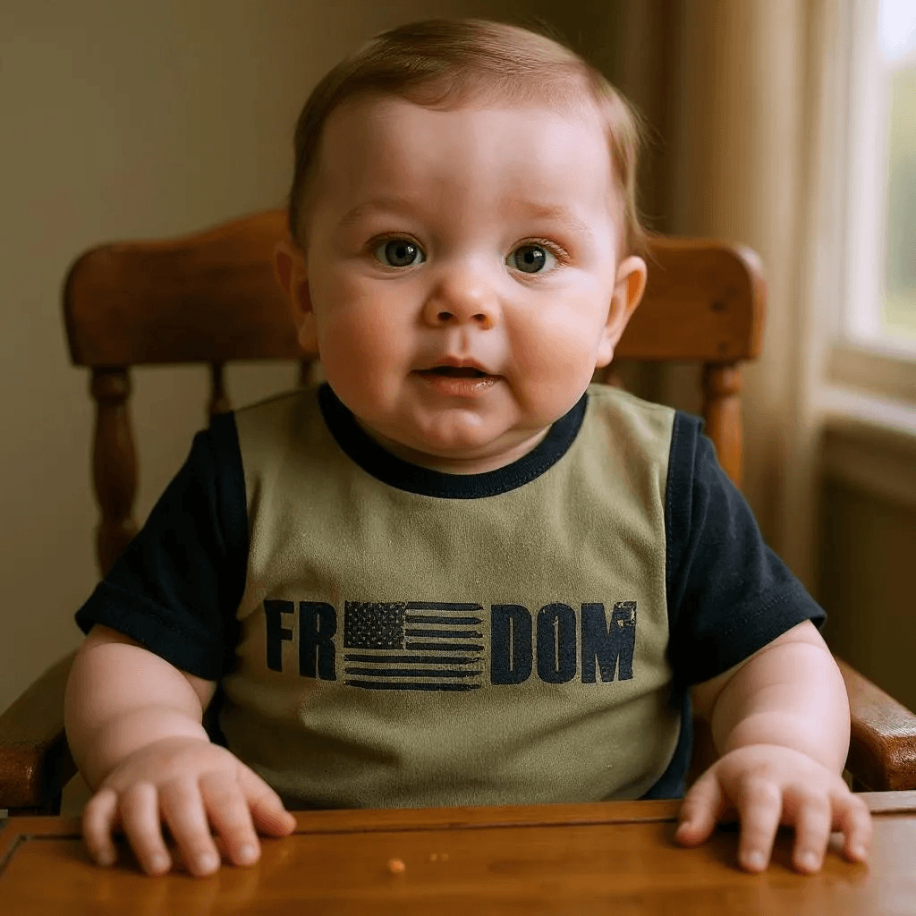 Baby wearing Freedom flag bib by Trooper Clothing, sitting in high chair with expressive face.