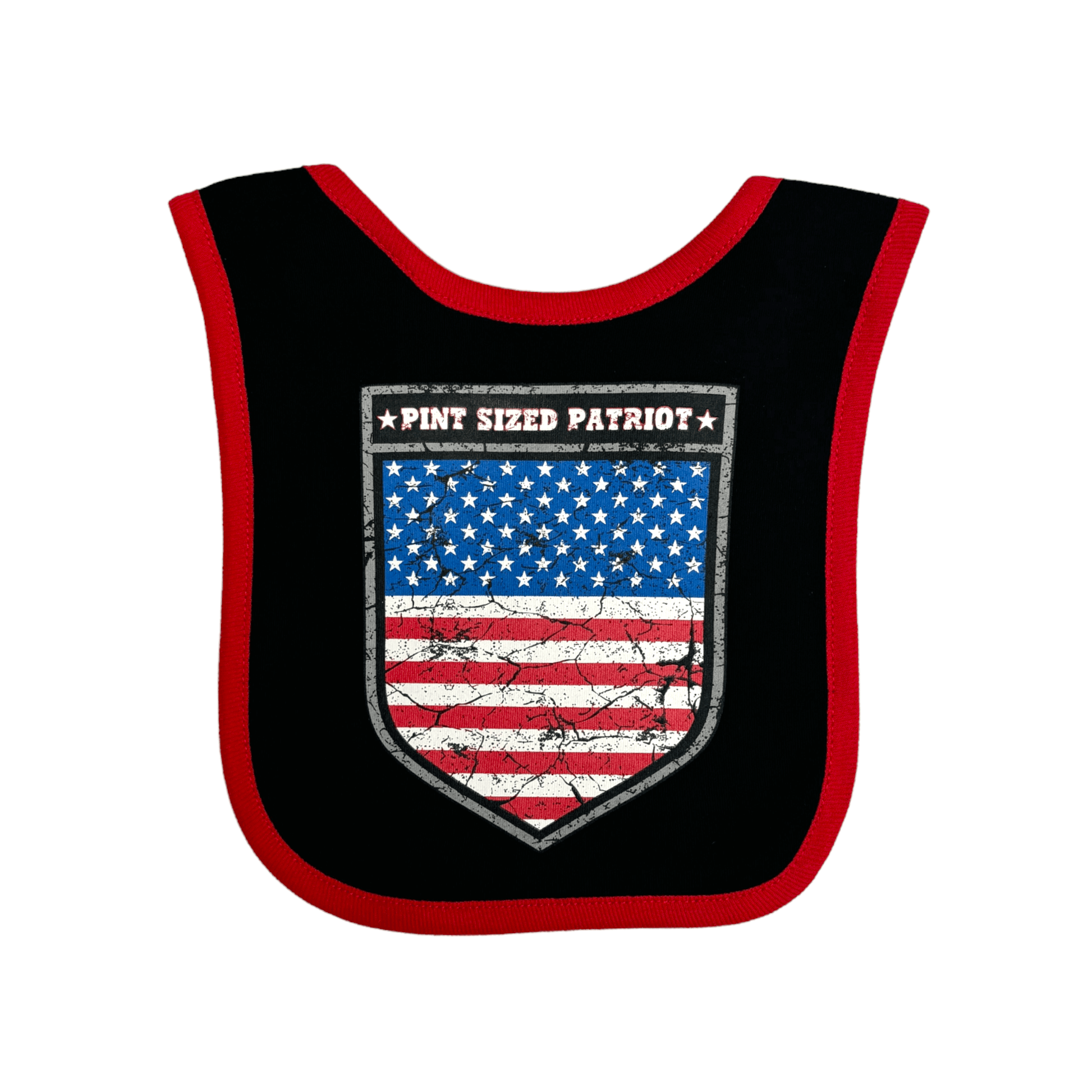 Bib featuring a bold Pint Sized Patriot graphic with an American flag design.