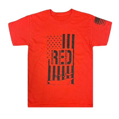 Patriotic youth t-shirt with Remember Everyone Deployed design and American flag, perfect for kids who support deployed troops.