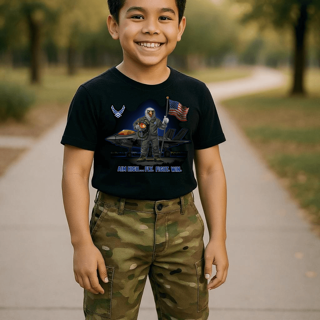 Air Force Youth T-Shirt featuring child in F-35 design with Eagle pilot and American flag.