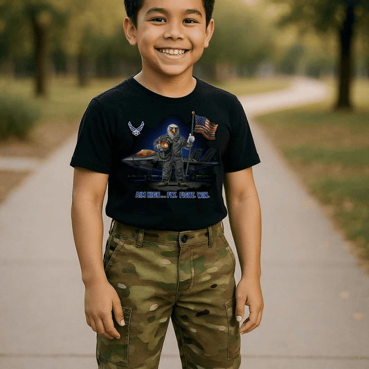 Air Force Youth T-Shirt featuring child in F-35 design with Eagle pilot and American flag.