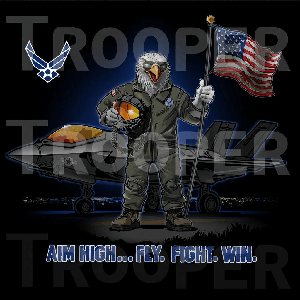Air Force Youth T-Shirt featuring an eagle pilot with an F-35 and American flag, showcasing military pride and style.
