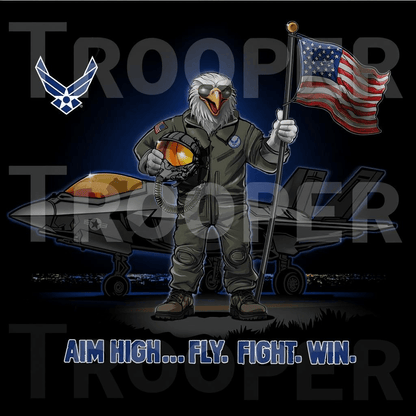Air Force Youth T-Shirt featuring an eagle pilot with an F-35 and American flag, showcasing military pride and style.