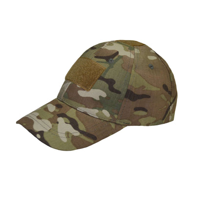 Multicam tactical cap featuring a patch area and durable camouflage design for outdoor activities.