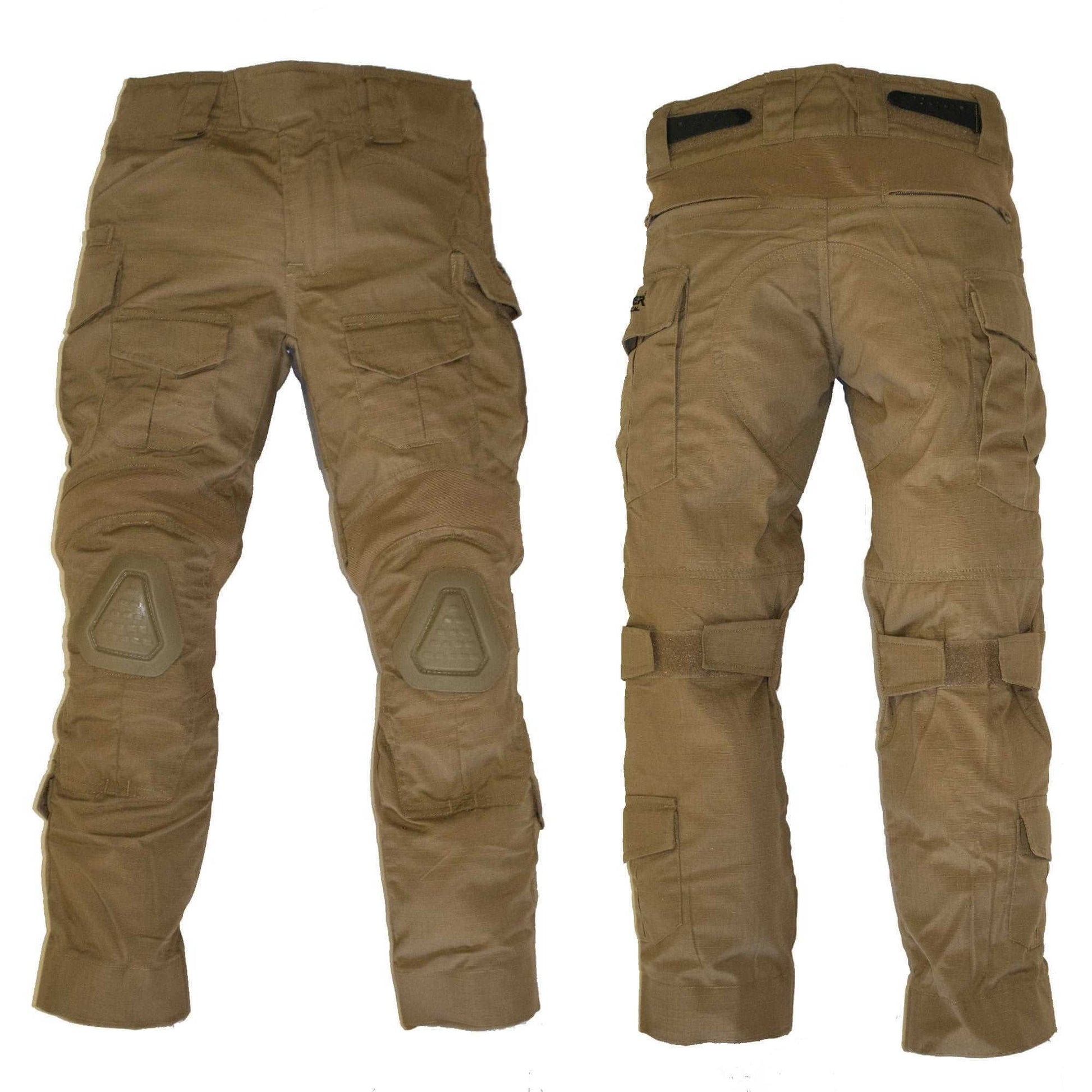 Youth Tactical Pants in Coyote Tan with knee pads and multiple pockets for durability and comfort.