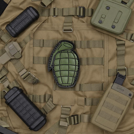 Grenade PVC Patch from Trooper Clothing on tactical gear, showcasing its design and integrated hook and loop backing.