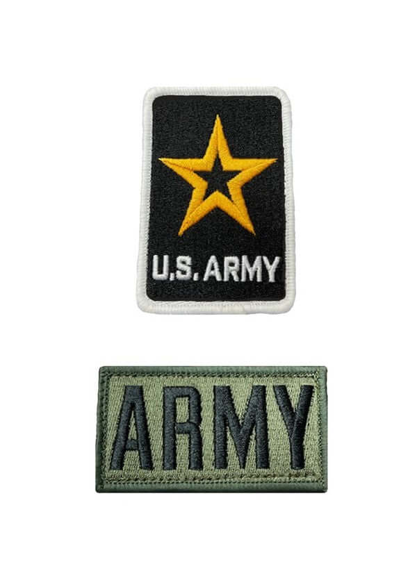 U.S. Army embroidered patches featuring a star and the word ARMY on an olive green background.