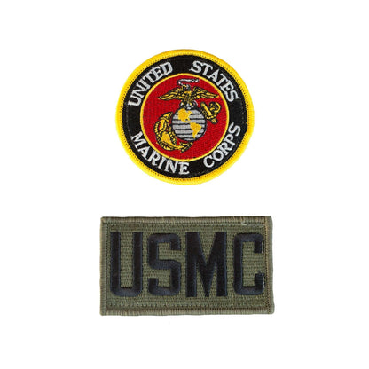 United States Marine Corps embroidered patch and USMC name tape for military uniforms.