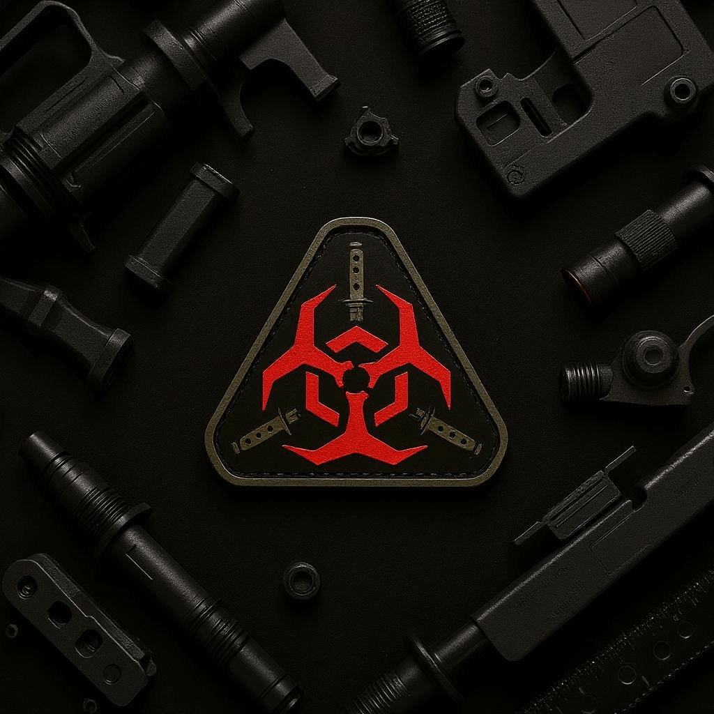 Biohazard Triangle PVC morale patch, embroidered design on PVC material, for tactical, military, and outdoor gear.