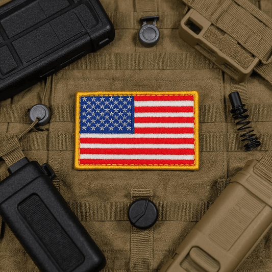 US Flag Forward Full Color Patch on tactical gear, embroidered with the American Flag, showcasing patriotism.