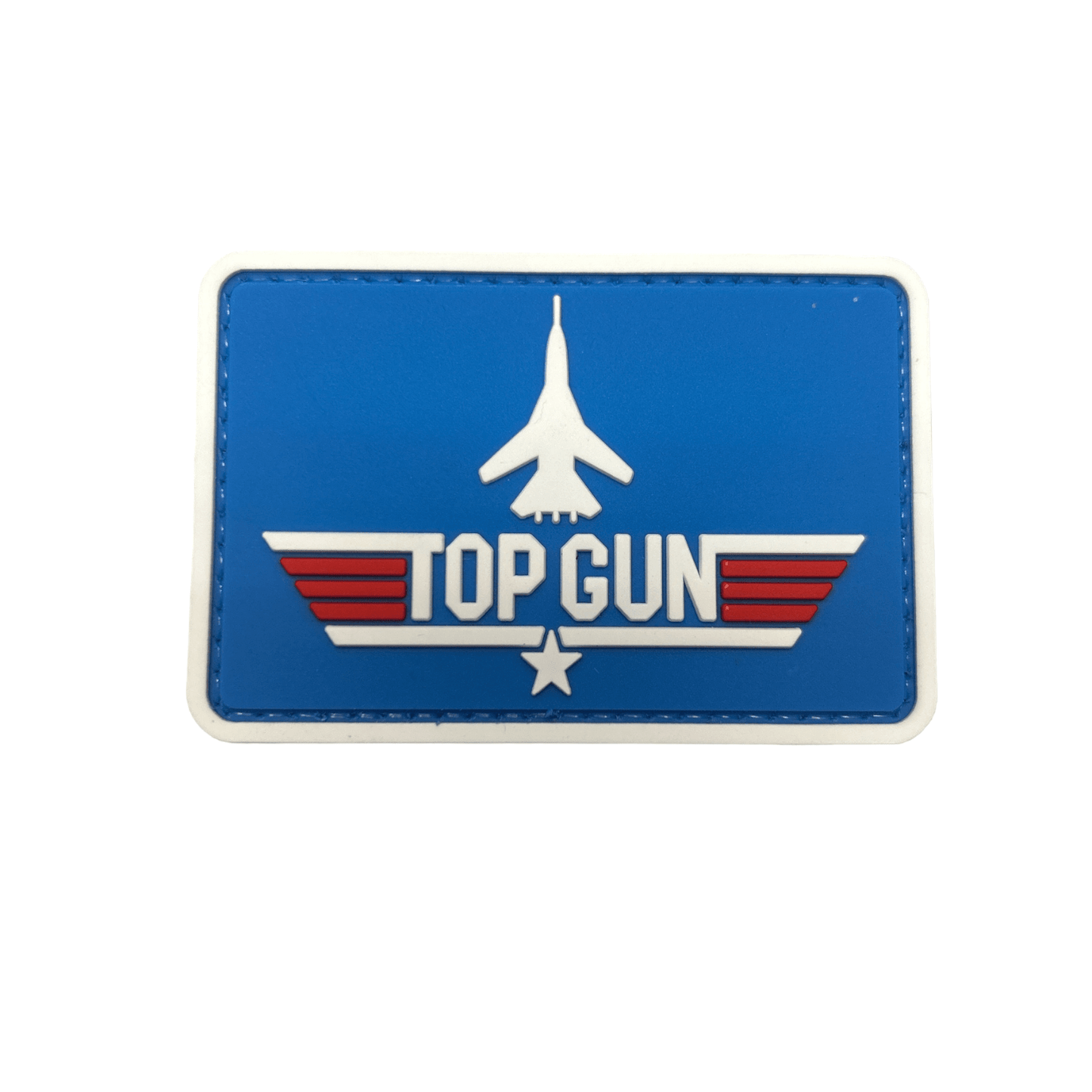 Top Gun Blue Nameplate PVC Patch featuring a jet design, perfect for kids' uniforms and packs. Ideal addition to flight suits.