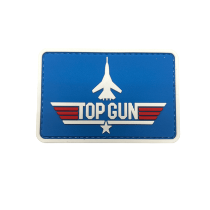 Top Gun Blue Nameplate PVC Patch featuring a jet design, perfect for kids' uniforms and packs. Ideal addition to flight suits.