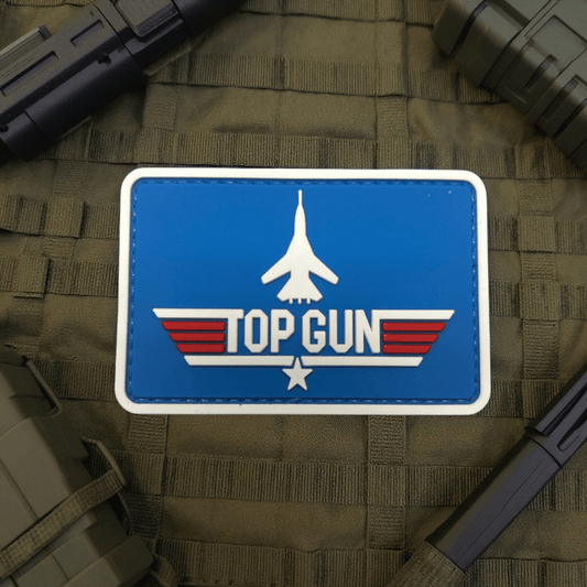 Top Gun Blue Nameplate PVC Patch featuring a jet, ideal for kids' uniforms and packs.