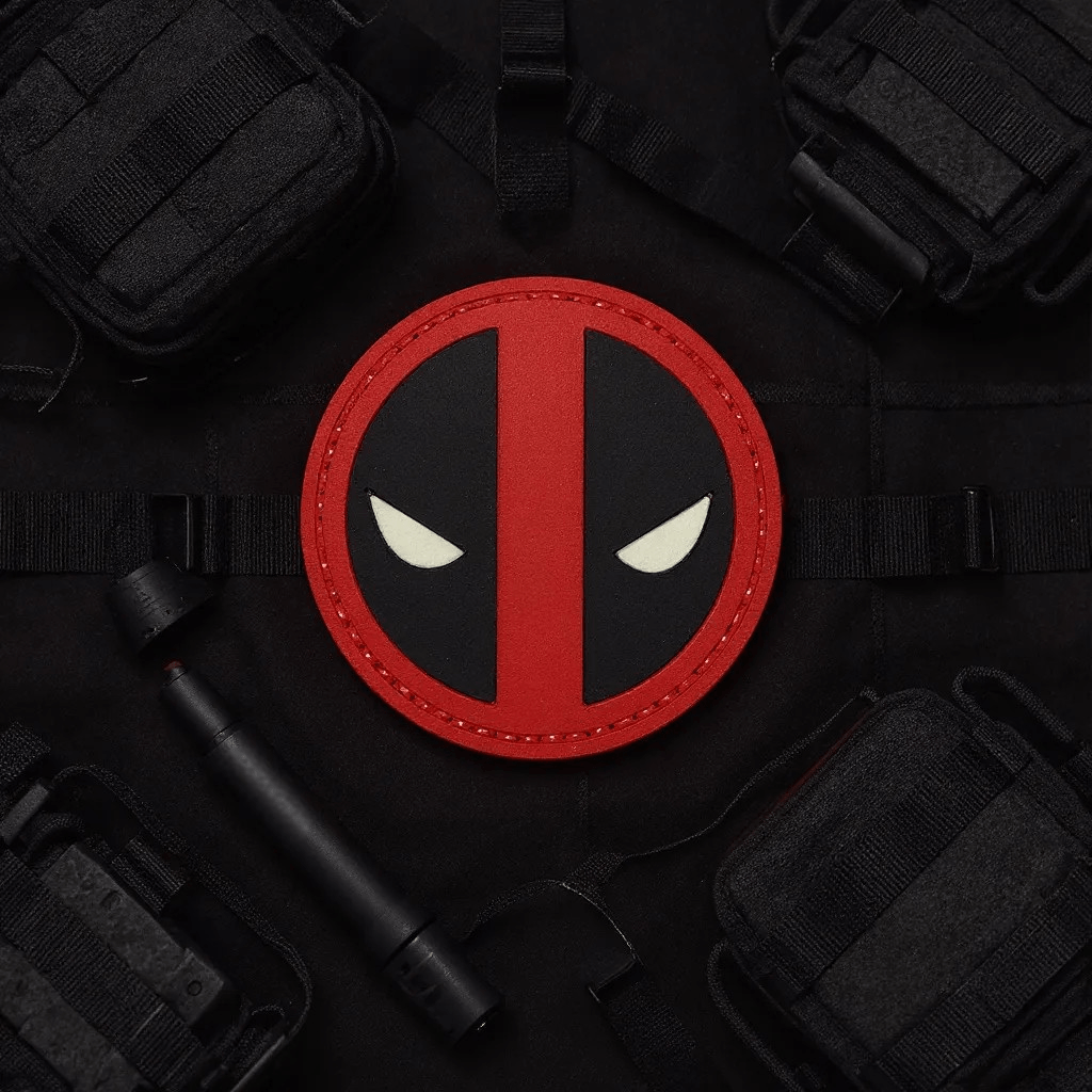 Patch Deadpool PVC round patch featuring iconic red and black design, perfect for backpacks and gear.