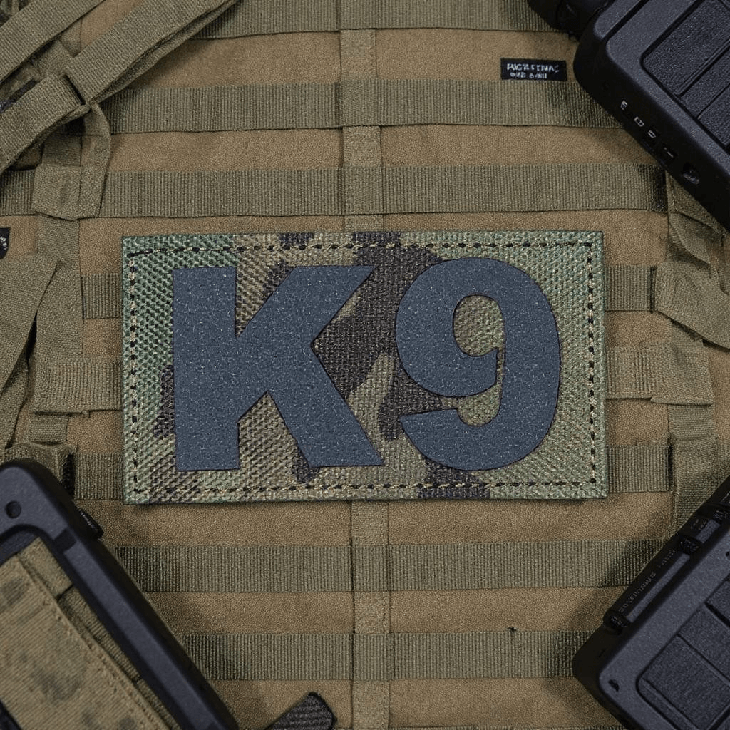 K9 Multicam laser cut morale patch on tactical vest with IR backing for night vision.