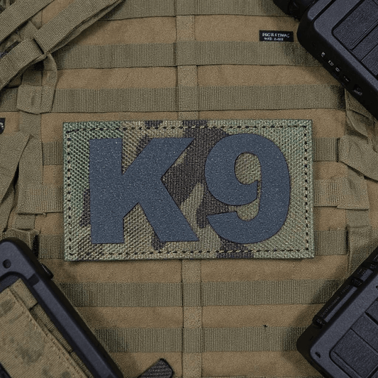 K9 Multicam laser cut morale patch on tactical vest with IR backing for night vision.