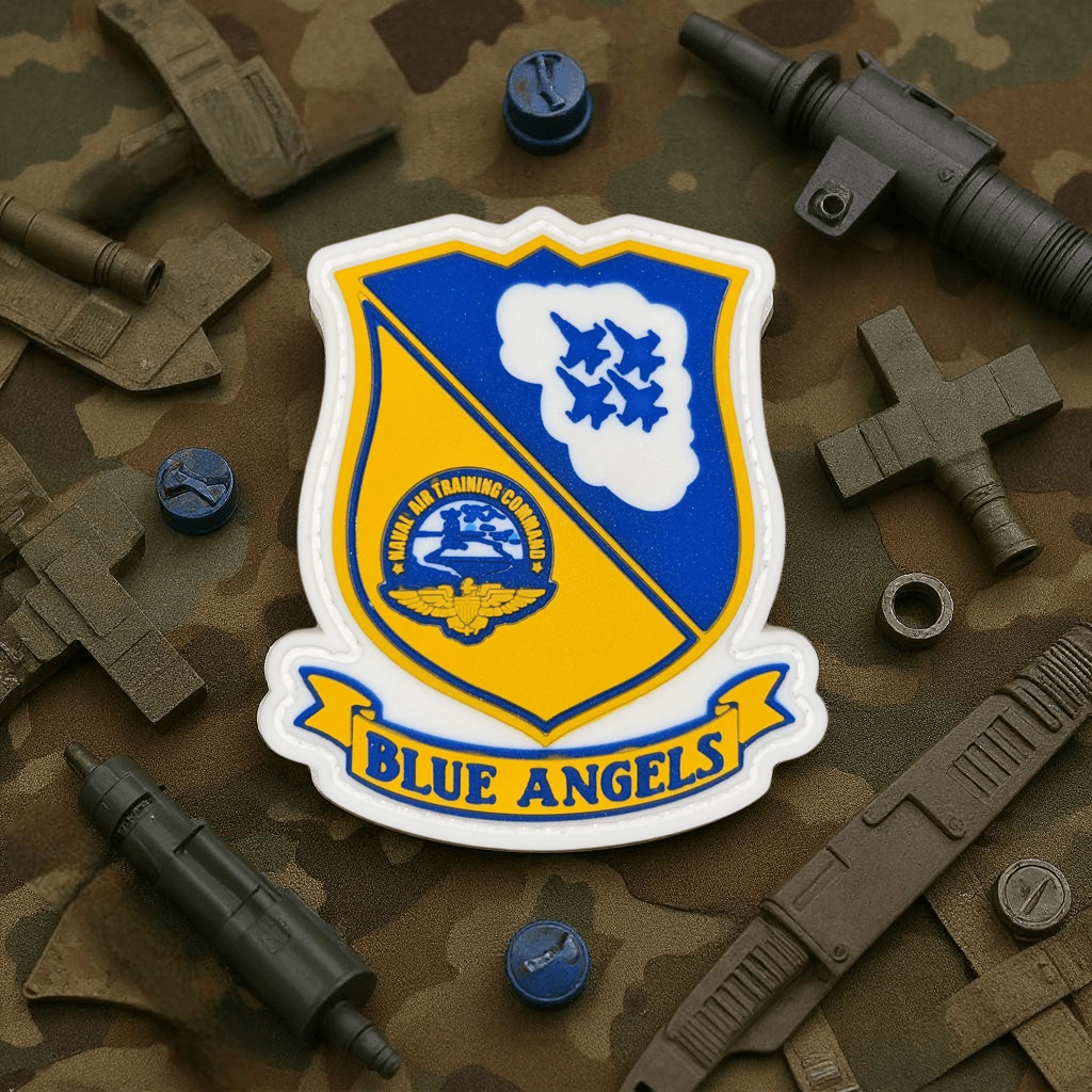 Patch Blue Angels PVC with military accessories background, perfect for gear with hook and loop.