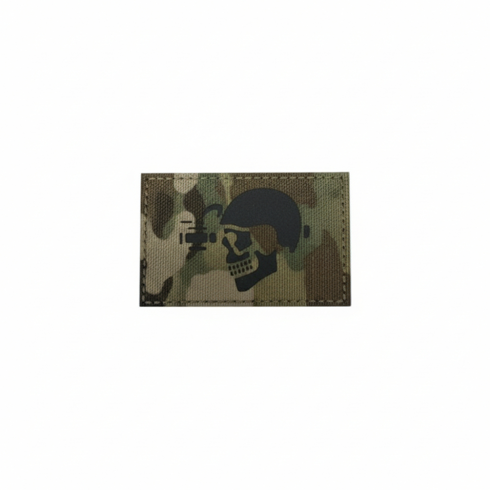 Multicam laser cut skull patch with operator helmet and NODS, perfect for gear and uniforms.